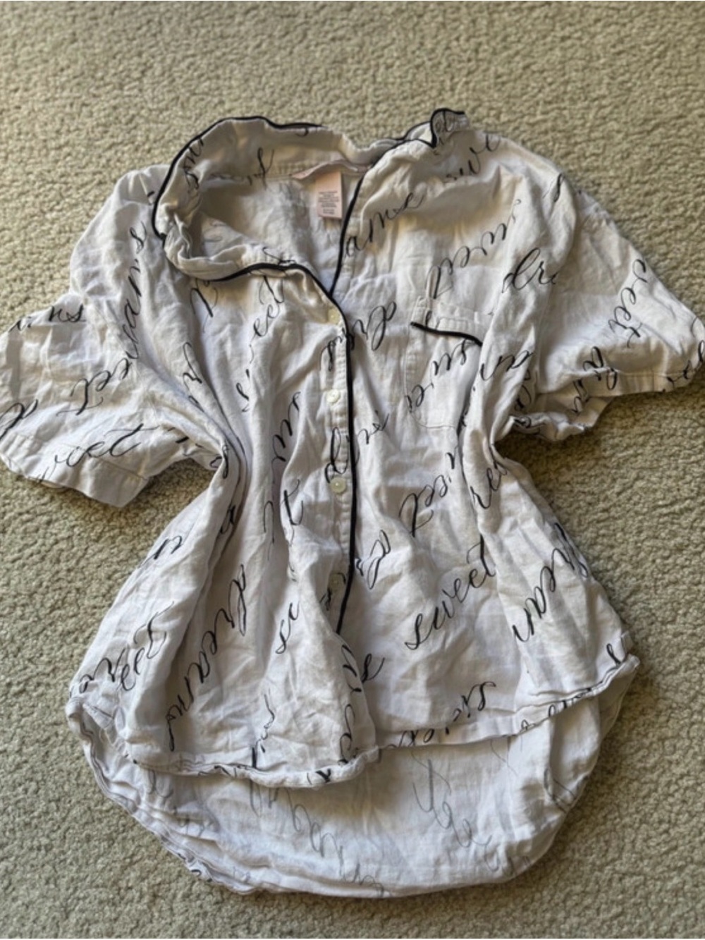 Victoria's Secret White Script-Print Button Front Top with Black Piping